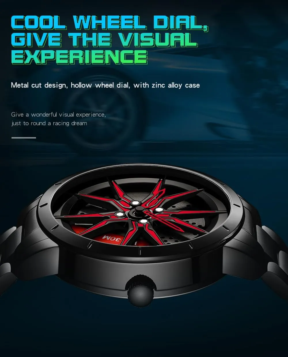 Fashion Quartz Stylish Wristwatch with Stainless Steel Strap Gifts for Car Enthusiasts MASTOP Mens substitute waterfall induce storytelling pinhole Wrist Watch Creative 3D Spinning Car Wheel Rotating Watches Rim Hub Design 