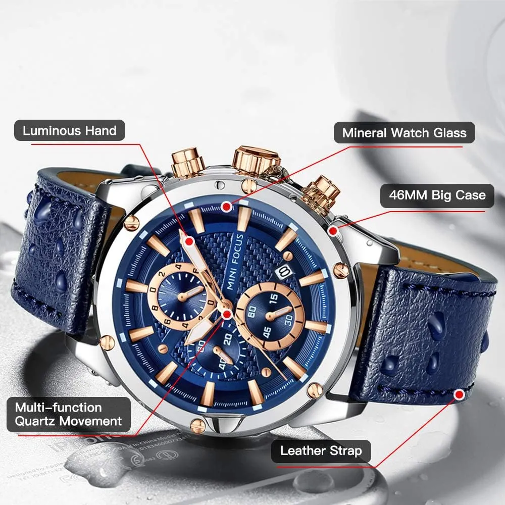 Fashion Watch for Men Mini Focus Men Watches Business ware somewhat Casual Wrist Watches (Multifunction/Waterproof/Luminous/Calendar) Genuine Leather Band 