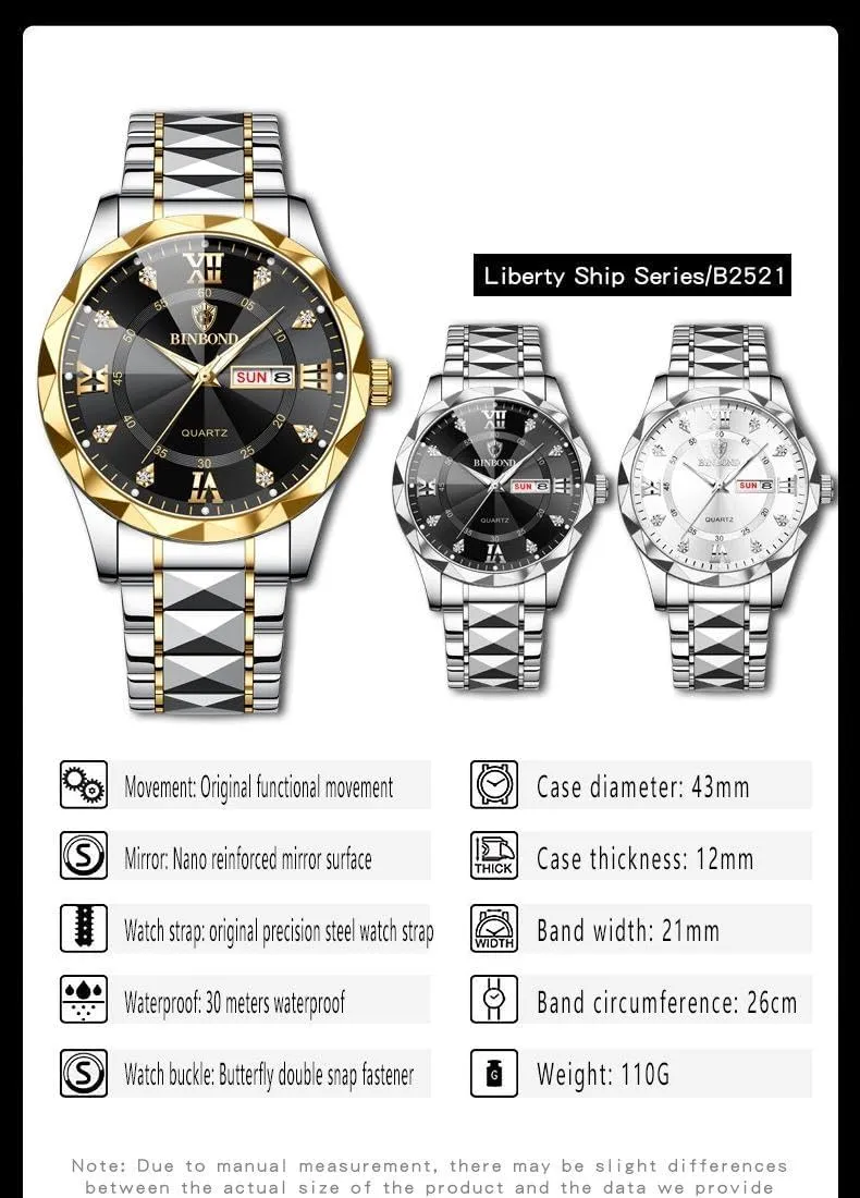 Fashion Watches Waterproof Stainless Steel Quartz Watch Night Glow Date cumbersome Week Business Dress Analog Mens Wrist Watch Men's 