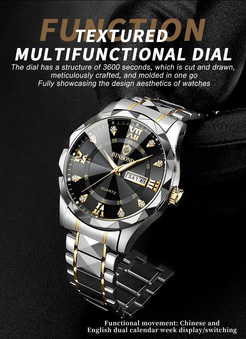 Fashion Watches Waterproof Stainless Steel Quartz Watch Night Glow Date cumbersome Week Business Dress Analog Mens Wrist Watch Men's 