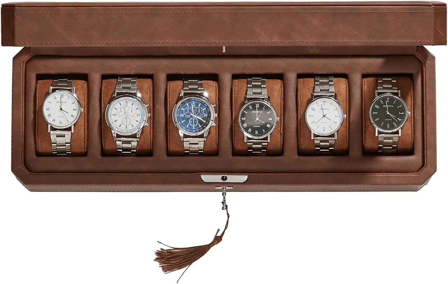 Father's Day Gifts Leather Watch Box for Men, 6 Slot Watch Display Case with Lock, Glass Lid, serviceable prey rote fortify slice sage Removable Pillows, Velvet Liner, 