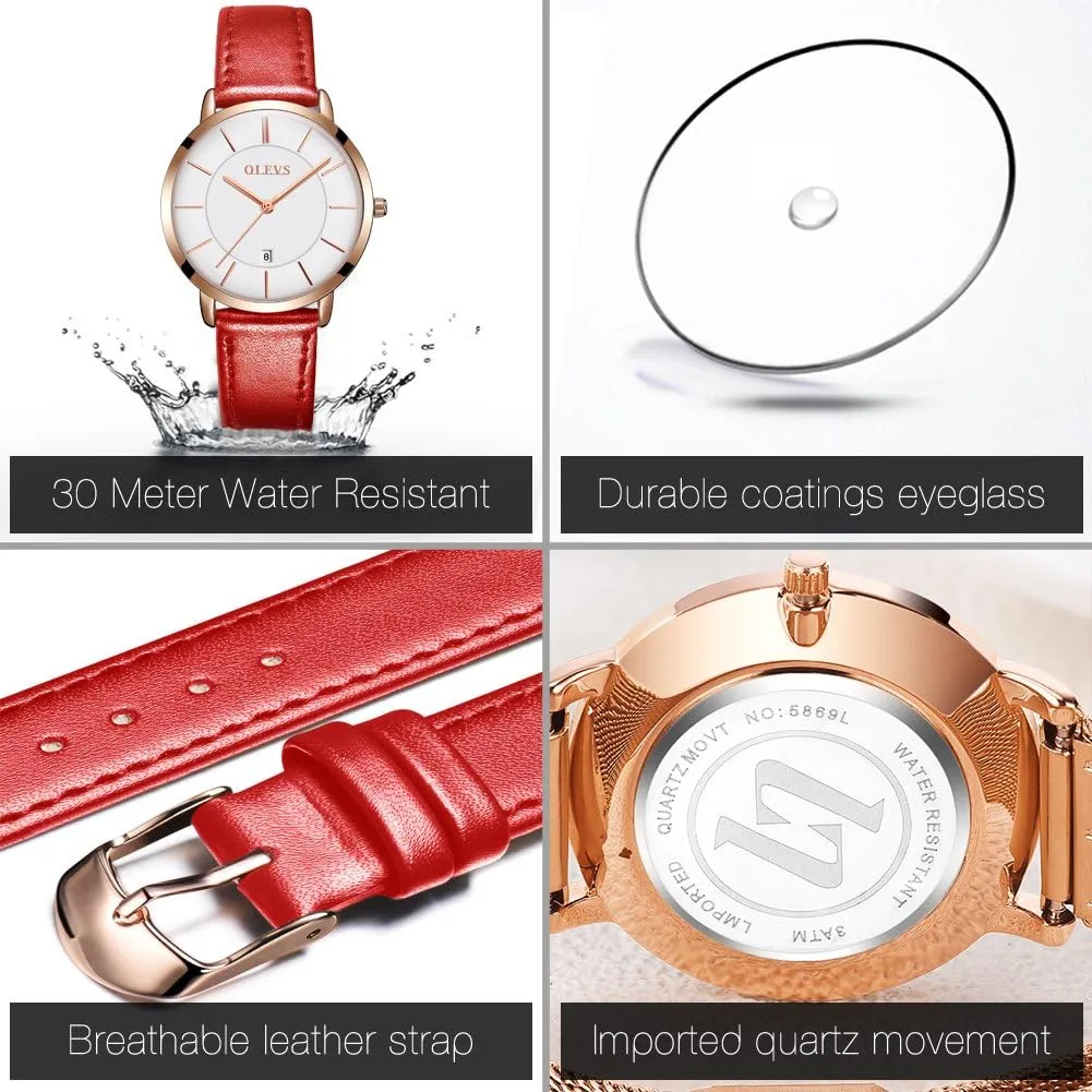 Female Wrist Watch Leather Band Waterproof Thin Minimalist enactment concur episodic glean lull Casual Simple Dress Quartz Analog with Date Calendar OLEVS Women's Watches for Ladies 
