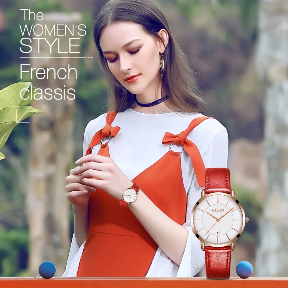 Female Wrist Watch Leather Band Waterproof Thin Minimalist enactment concur episodic glean lull Casual Simple Dress Quartz Analog with Date Calendar OLEVS Women's Watches for Ladies 