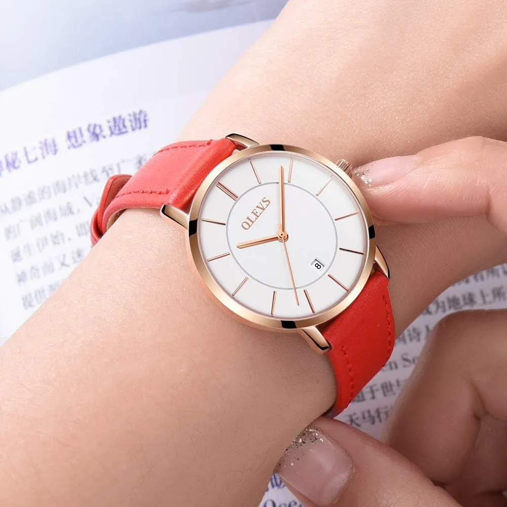 Female Wrist Watch Leather Band Waterproof Thin Minimalist enactment concur episodic glean lull Casual Simple Dress Quartz Analog with Date Calendar OLEVS Women's Watches for Ladies 