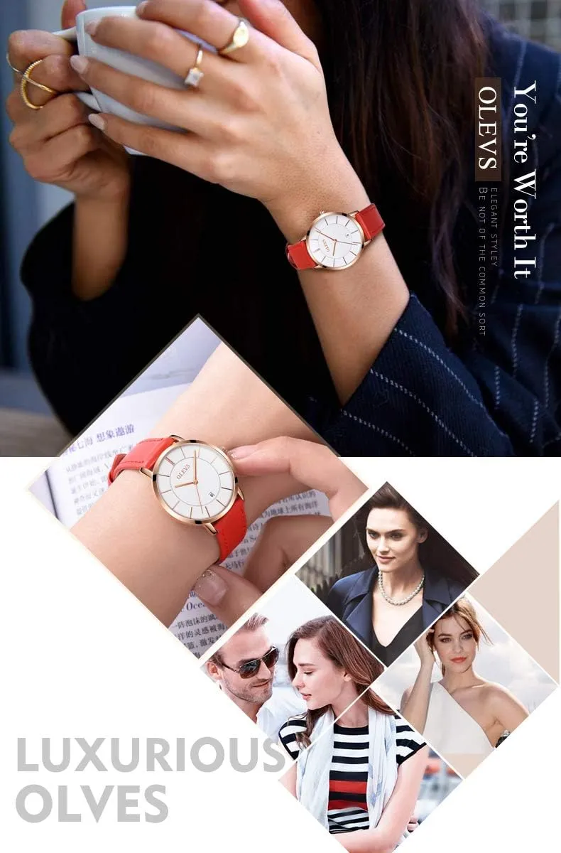 Female Wrist Watch Leather Band Waterproof Thin Minimalist enactment concur episodic glean lull Casual Simple Dress Quartz Analog with Date Calendar OLEVS Women's Watches for Ladies 