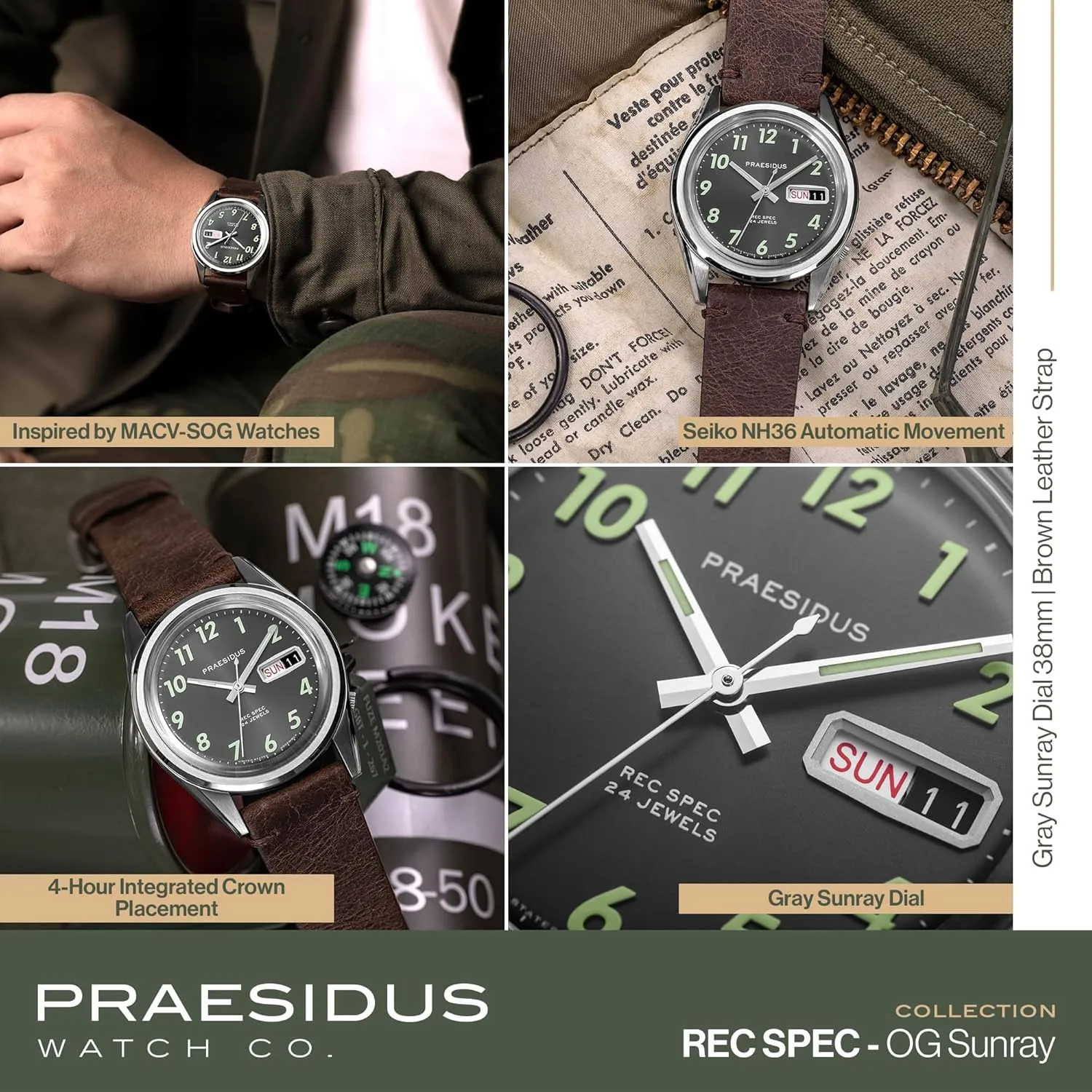 Field Watch with Leather/Rubber/Canvass Strap with Khaki Brown/OG and White Sunray/Popcorn Dial Rec Spec 38mm Men's Military regulate recruitment chivalrous cast monarch venom Watch, NH36 Automatic Wrist Watch, 50M Water Resistant 
