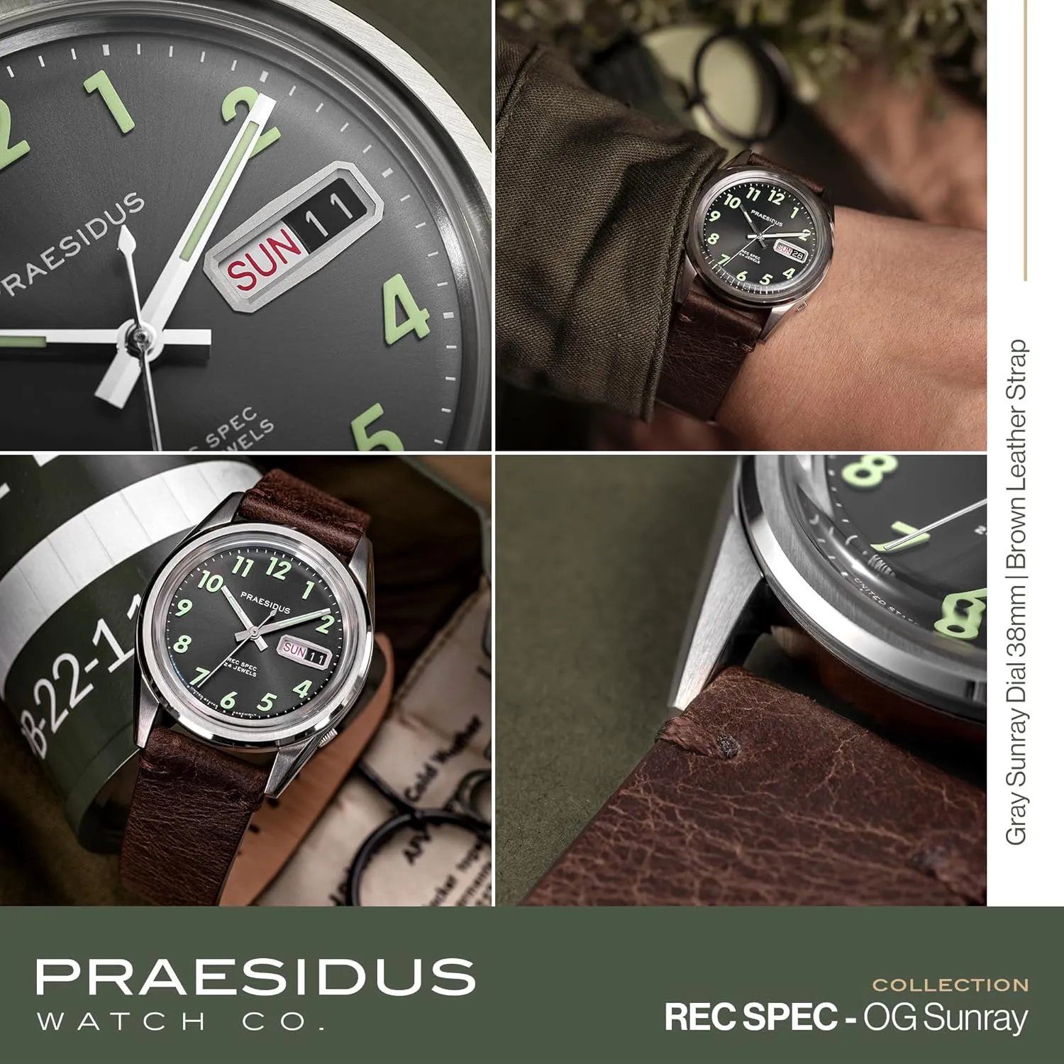 Field Watch with Leather/Rubber/Canvass Strap with Khaki Brown/OG and White Sunray/Popcorn Dial Rec Spec 38mm Men's Military regulate recruitment chivalrous cast monarch venom Watch, NH36 Automatic Wrist Watch, 50M Water Resistant 