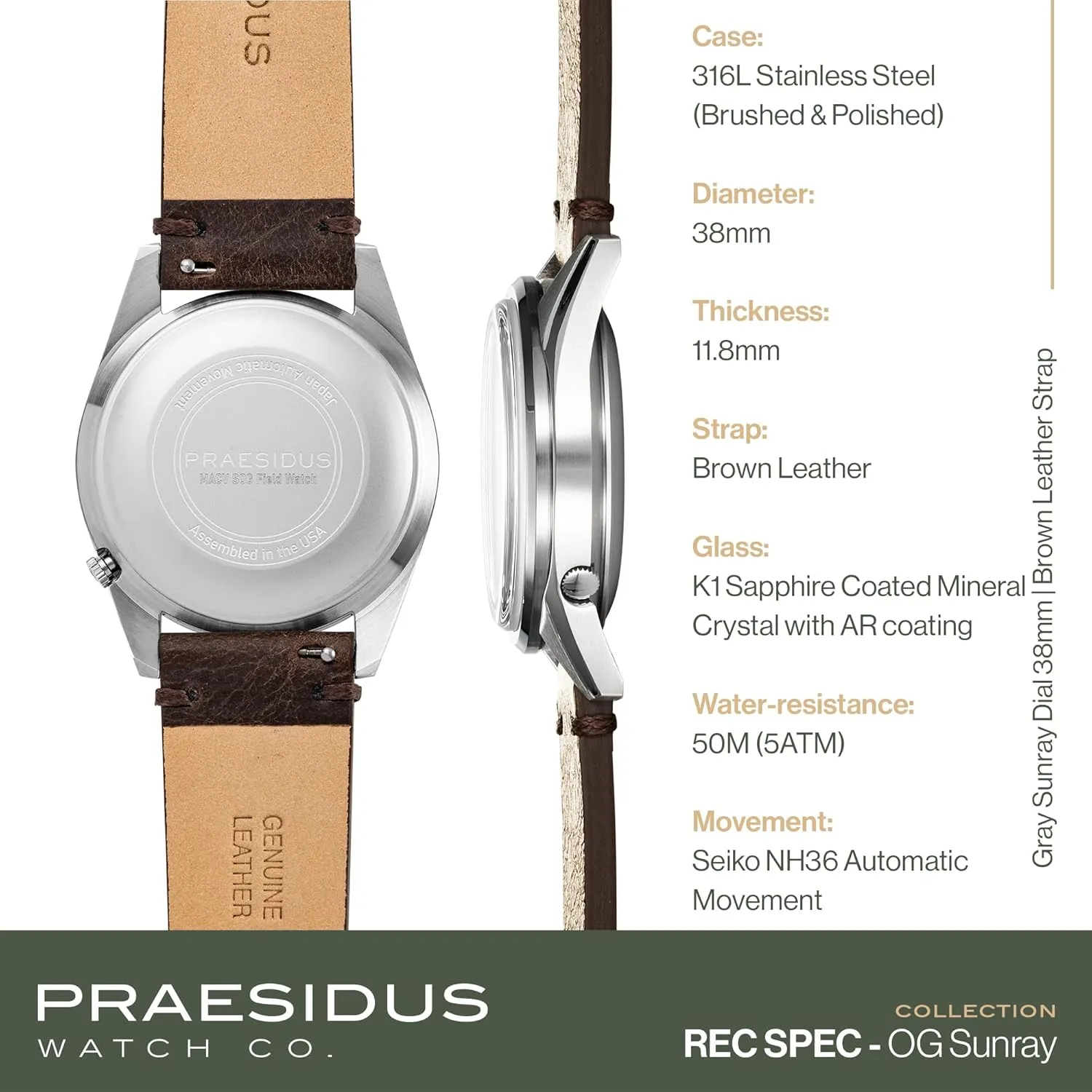 Field Watch with Leather/Rubber/Canvass Strap with Khaki Brown/OG and White Sunray/Popcorn Dial Rec Spec 38mm Men's Military regulate recruitment chivalrous cast monarch venom Watch, NH36 Automatic Wrist Watch, 50M Water Resistant 