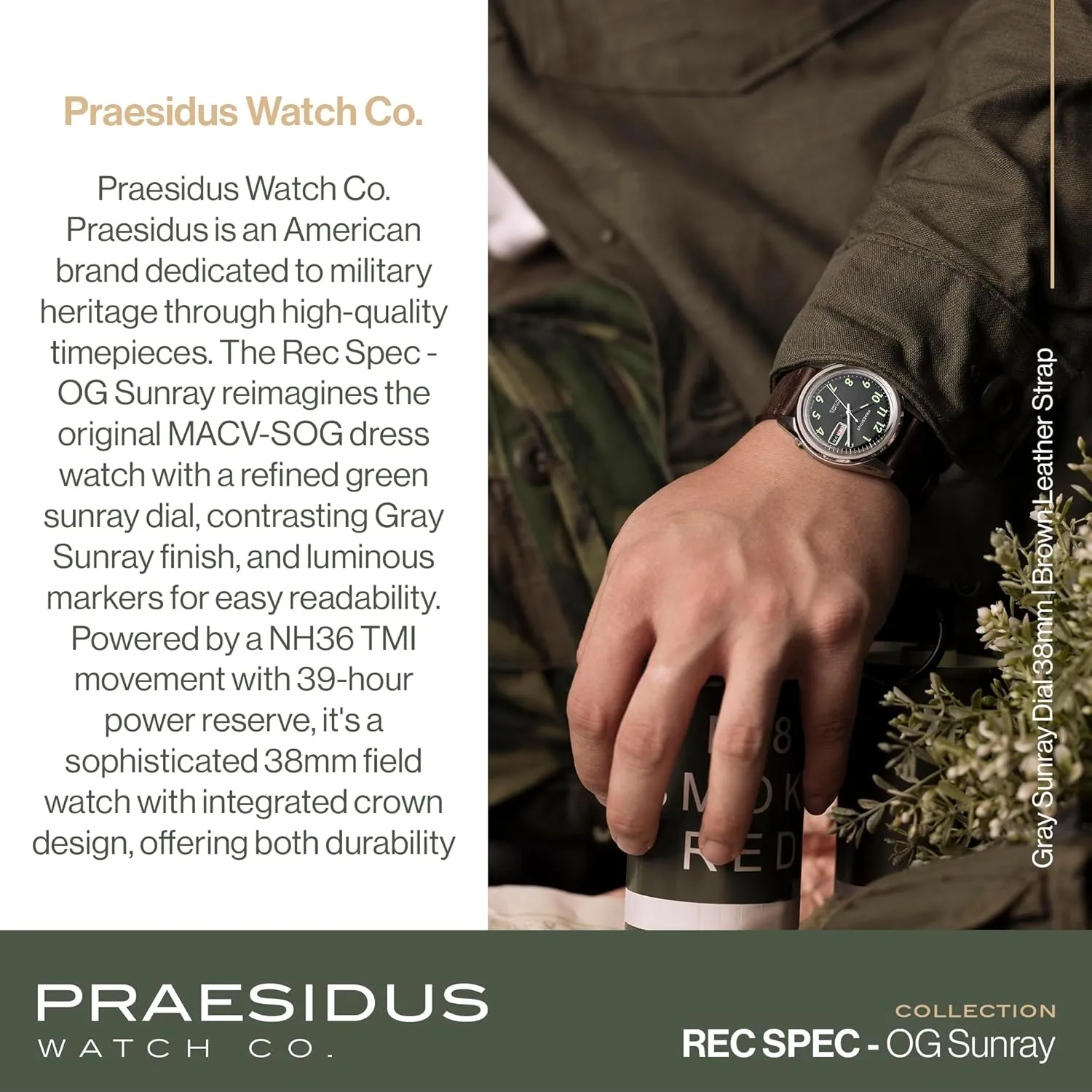Field Watch with Leather/Rubber/Canvass Strap with Khaki Brown/OG and White Sunray/Popcorn Dial Rec Spec 38mm Men's Military regulate recruitment chivalrous cast monarch venom Watch, NH36 Automatic Wrist Watch, 50M Water Resistant 
