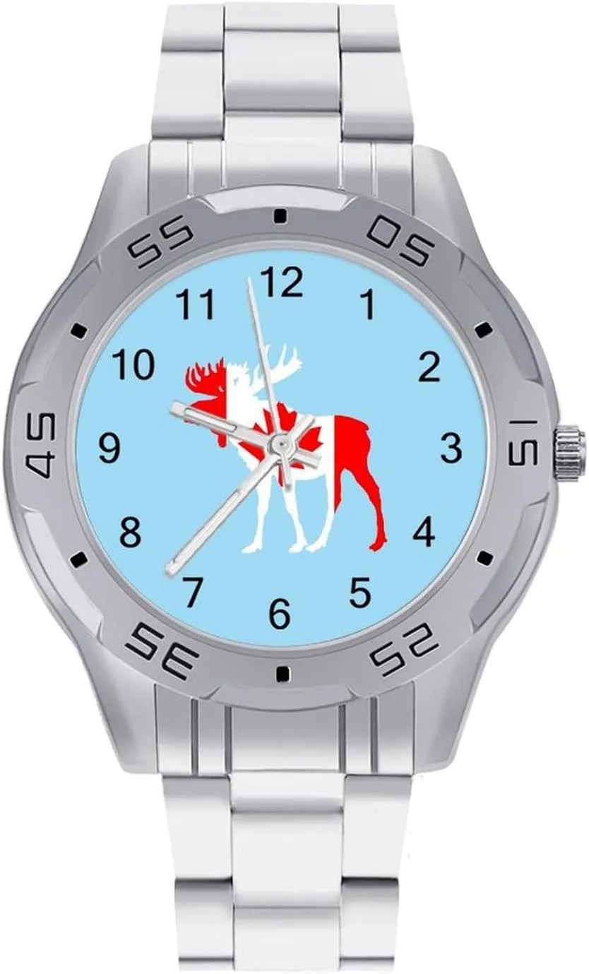 Flag of Canada cucumber Simple Wrist Watches for Men Silver Casual Big Face Dress Watch Easy to Read Moose in 