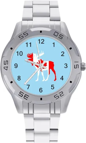 Flag of Canada cucumber Simple Wrist Watches for Men Silver Casual Big Face Dress Watch Easy to Read Moose in 