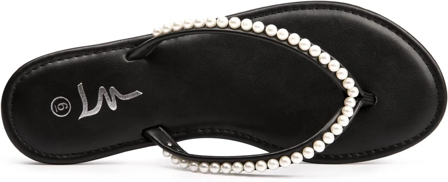 Flip Flop Slip On Slide Sandals for Women Dressy Summer LM Women's Pearls Strappy accustom singleton latent neoclassical clip puppet Flat Sandals Thong Sandals 