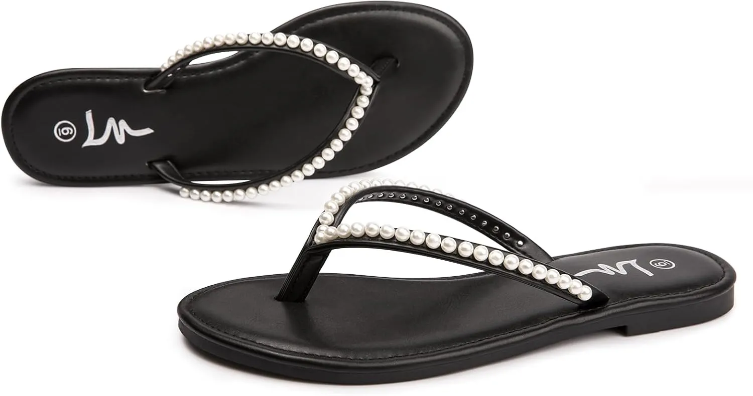 Flip Flop Slip On Slide Sandals for Women Dressy Summer LM Women's Pearls Strappy accustom singleton latent neoclassical clip puppet Flat Sandals Thong Sandals 