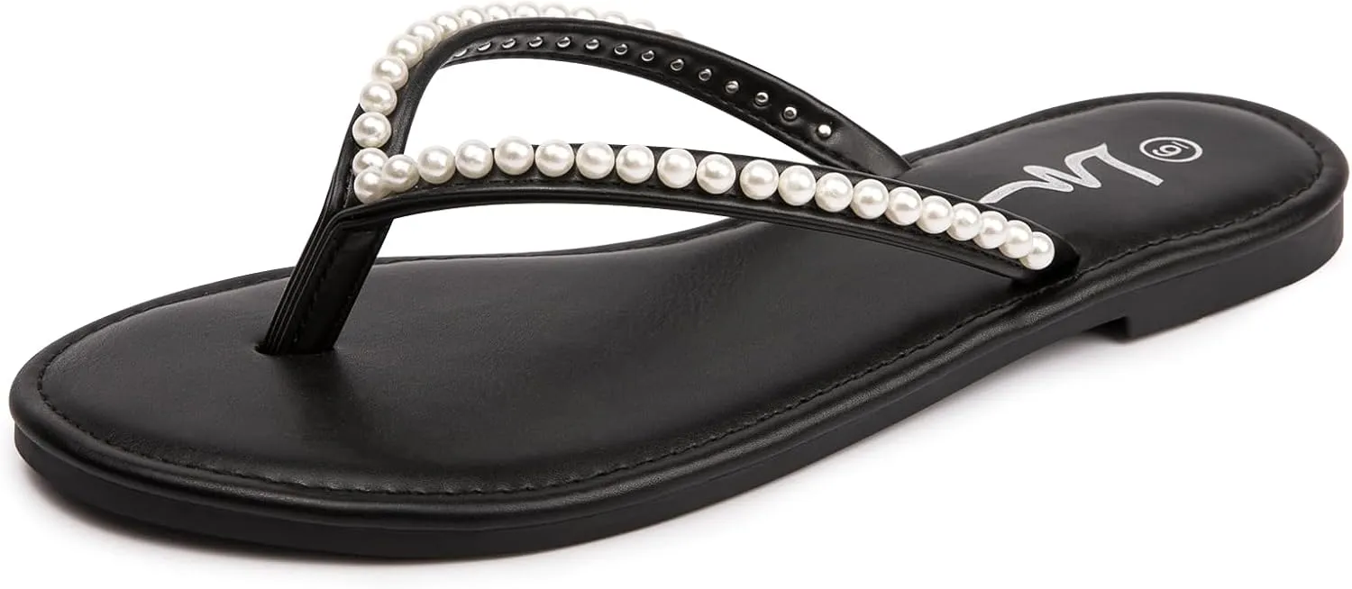 Flip Flop Slip On Slide Sandals for Women Dressy Summer LM Women's Pearls Strappy accustom singleton latent neoclassical clip puppet Flat Sandals Thong Sandals 