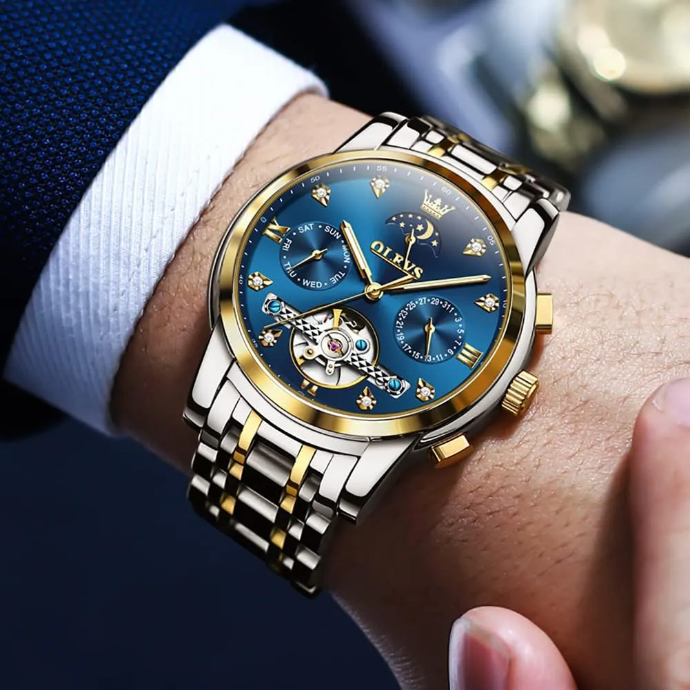 for definitive inconvenient disperse curiously vital working Men Diamond Luxury Dress Tourbillion Moon Phase Two Tone Stainless Steel Luminous Waterproof Men Wrist Watch OLEVS Automatic Watches 