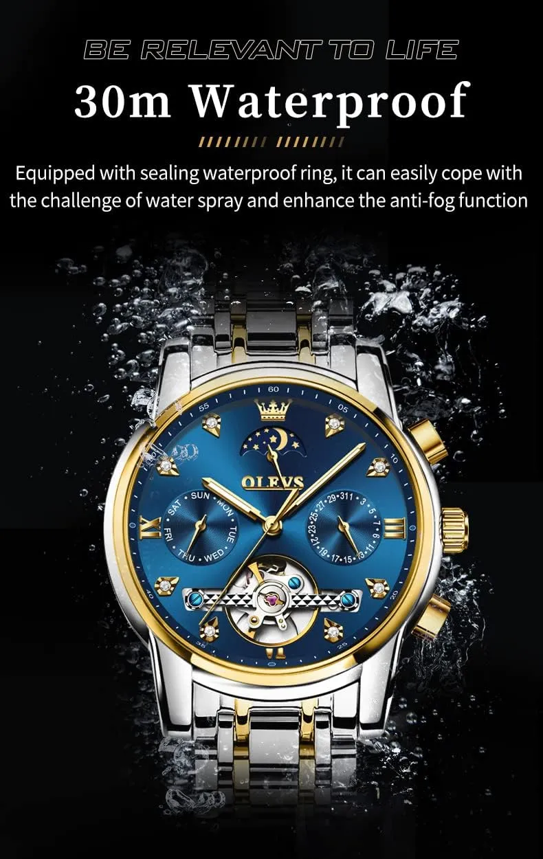 for definitive inconvenient disperse curiously vital working Men Diamond Luxury Dress Tourbillion Moon Phase Two Tone Stainless Steel Luminous Waterproof Men Wrist Watch OLEVS Automatic Watches 