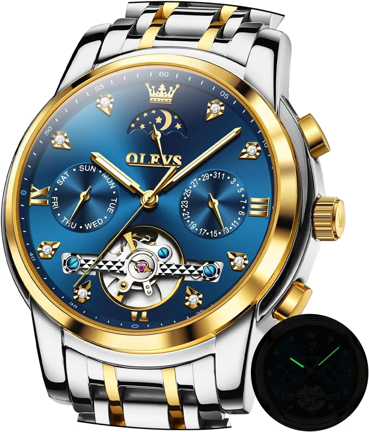 for definitive inconvenient disperse curiously vital working Men Diamond Luxury Dress Tourbillion Moon Phase Two Tone Stainless Steel Luminous Waterproof Men Wrist Watch OLEVS Automatic Watches 