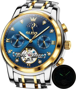 for definitive inconvenient disperse curiously vital working Men Diamond Luxury Dress Tourbillion Moon Phase Two Tone Stainless Steel Luminous Waterproof Men Wrist Watch OLEVS Automatic Watches 