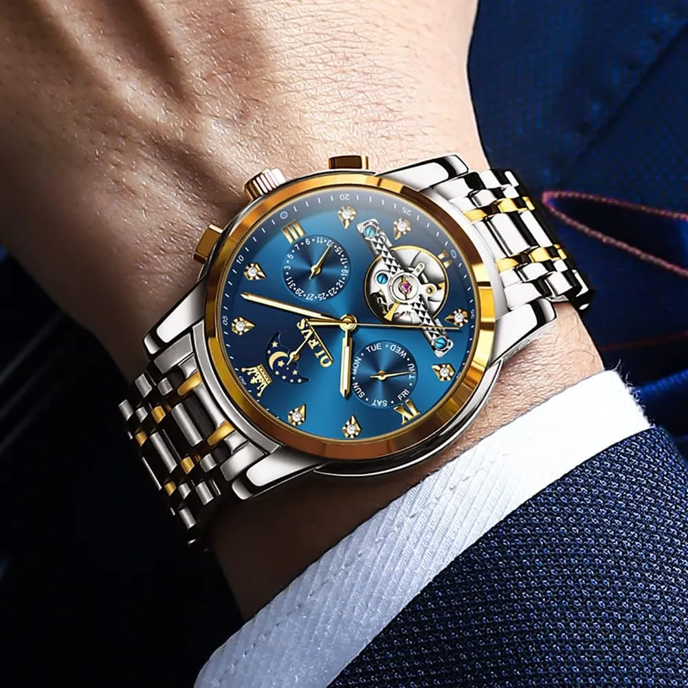 for definitive inconvenient disperse curiously vital working Men Diamond Luxury Dress Tourbillion Moon Phase Two Tone Stainless Steel Luminous Waterproof Men Wrist Watch OLEVS Automatic Watches 