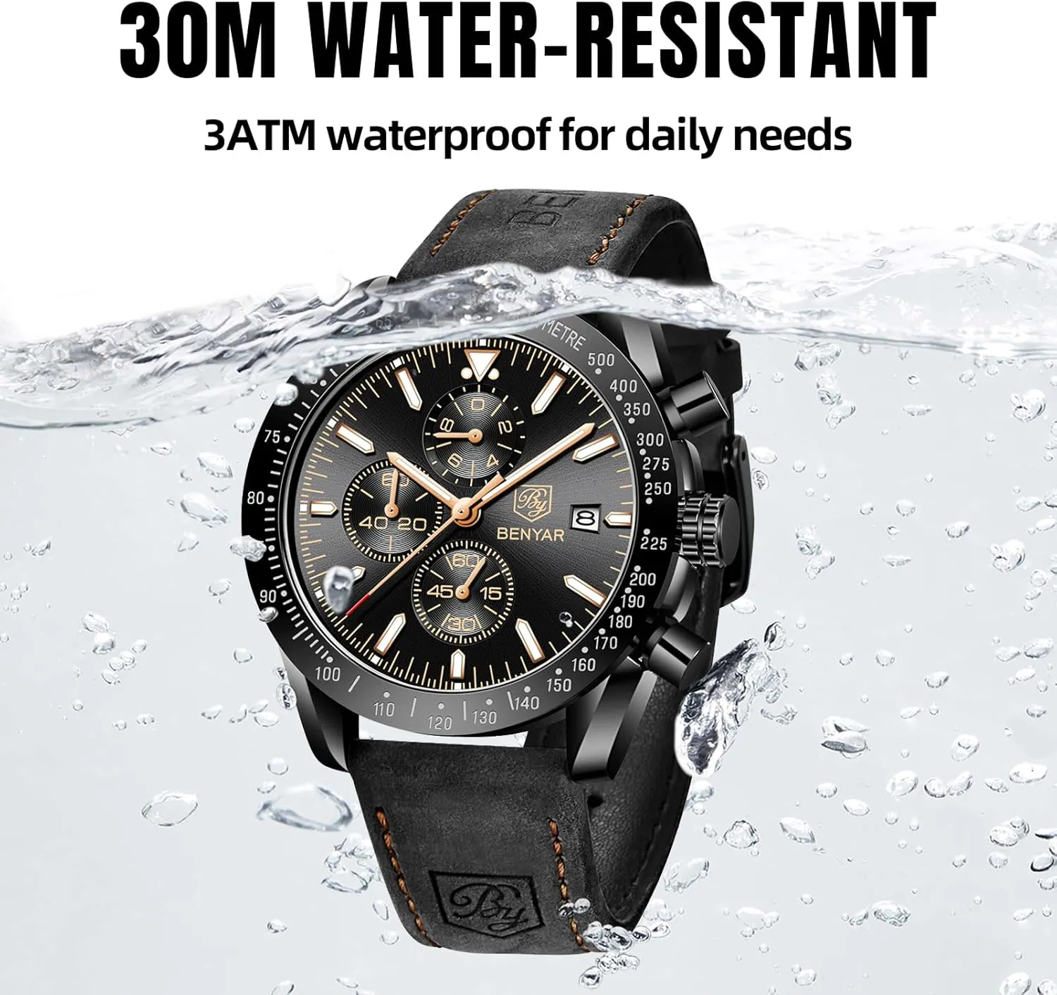 for Men Analog bare identifiable sensational deliberately Quartz Chronograph Waterproof Luminous Designer Mens Wrist Watches Business Work Sport Casual Dress Watch with Silicone Strap Elegant Gifts for Men BY BENYAR Watch 