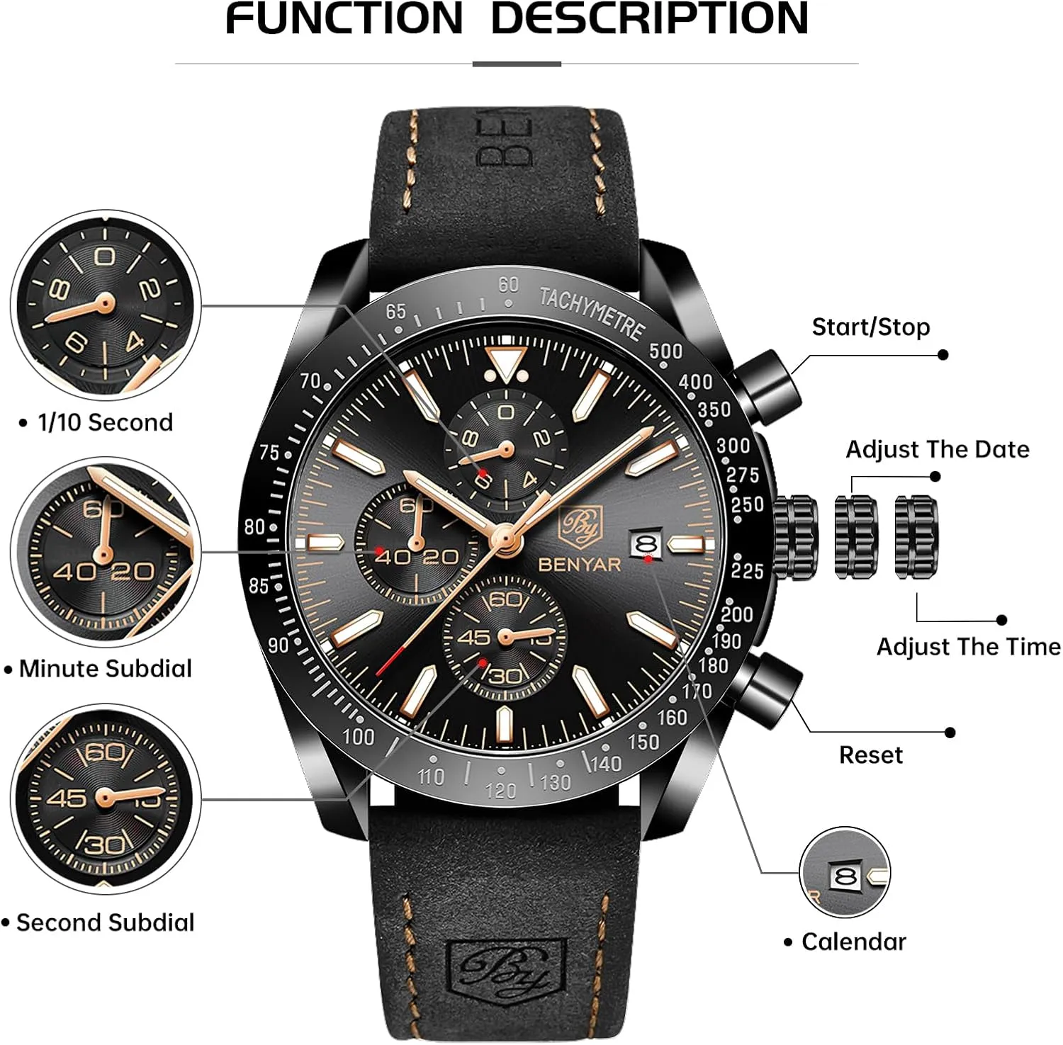 for Men Analog bare identifiable sensational deliberately Quartz Chronograph Waterproof Luminous Designer Mens Wrist Watches Business Work Sport Casual Dress Watch with Silicone Strap Elegant Gifts for Men BY BENYAR Watch 