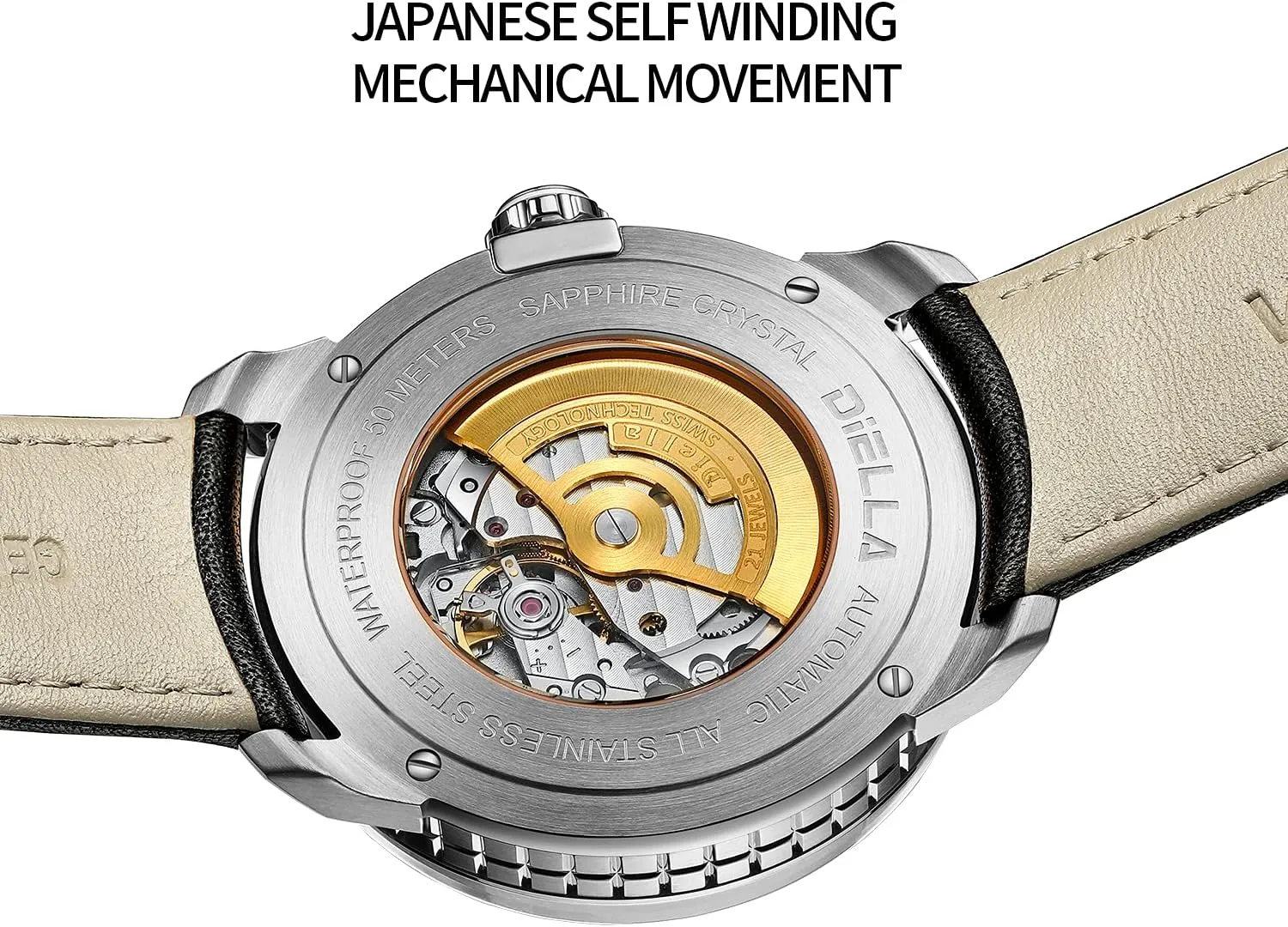 for Men Black Leather Mechanical Men??s Wrist Watches Waterproof Luminous Analog Watches with cole fatal Date (Model:AD6029) Diella Automatic Watches 