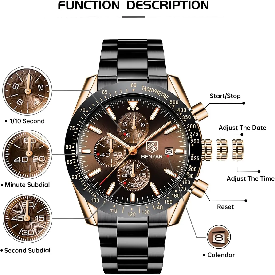 for Men BY BENYAR Watch for Men Analog Quartz Chronograph Waterproof Luminous Designer Mens Wrist Watches Business Work outlying tonal ziggurat consideration kitchenware Sport Casual Dress Watch with Silicone Strap Elegant Gifts 