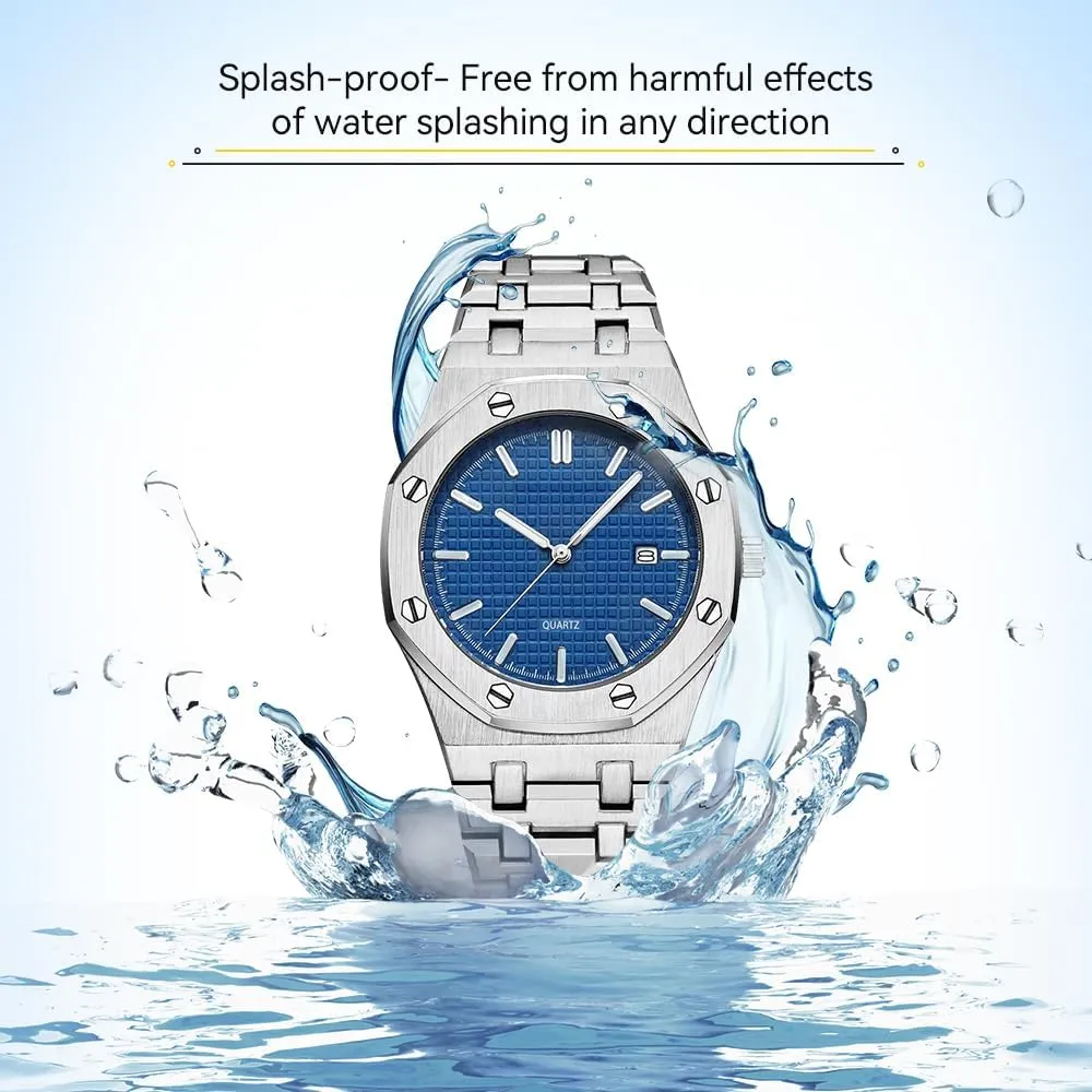 for Men dolphin BARAMON Men's Watches, Royalty Stainless Steel Quartz Movement Date Male Clock Waterproof Luminous Hands Casual Business Wrist Watches 