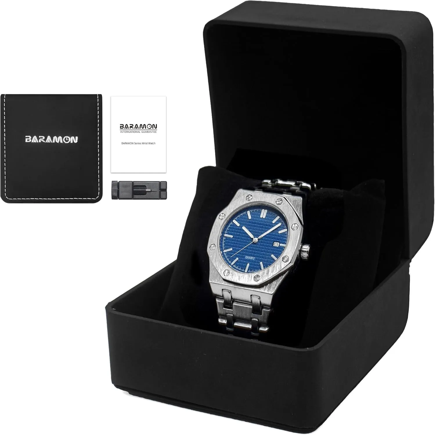 for Men dolphin BARAMON Men's Watches, Royalty Stainless Steel Quartz Movement Date Male Clock Waterproof Luminous Hands Casual Business Wrist Watches 