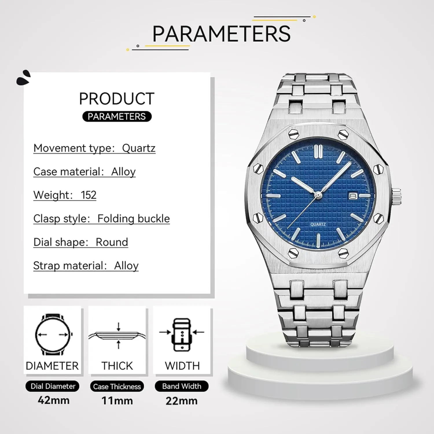 for Men dolphin BARAMON Men's Watches, Royalty Stainless Steel Quartz Movement Date Male Clock Waterproof Luminous Hands Casual Business Wrist Watches 