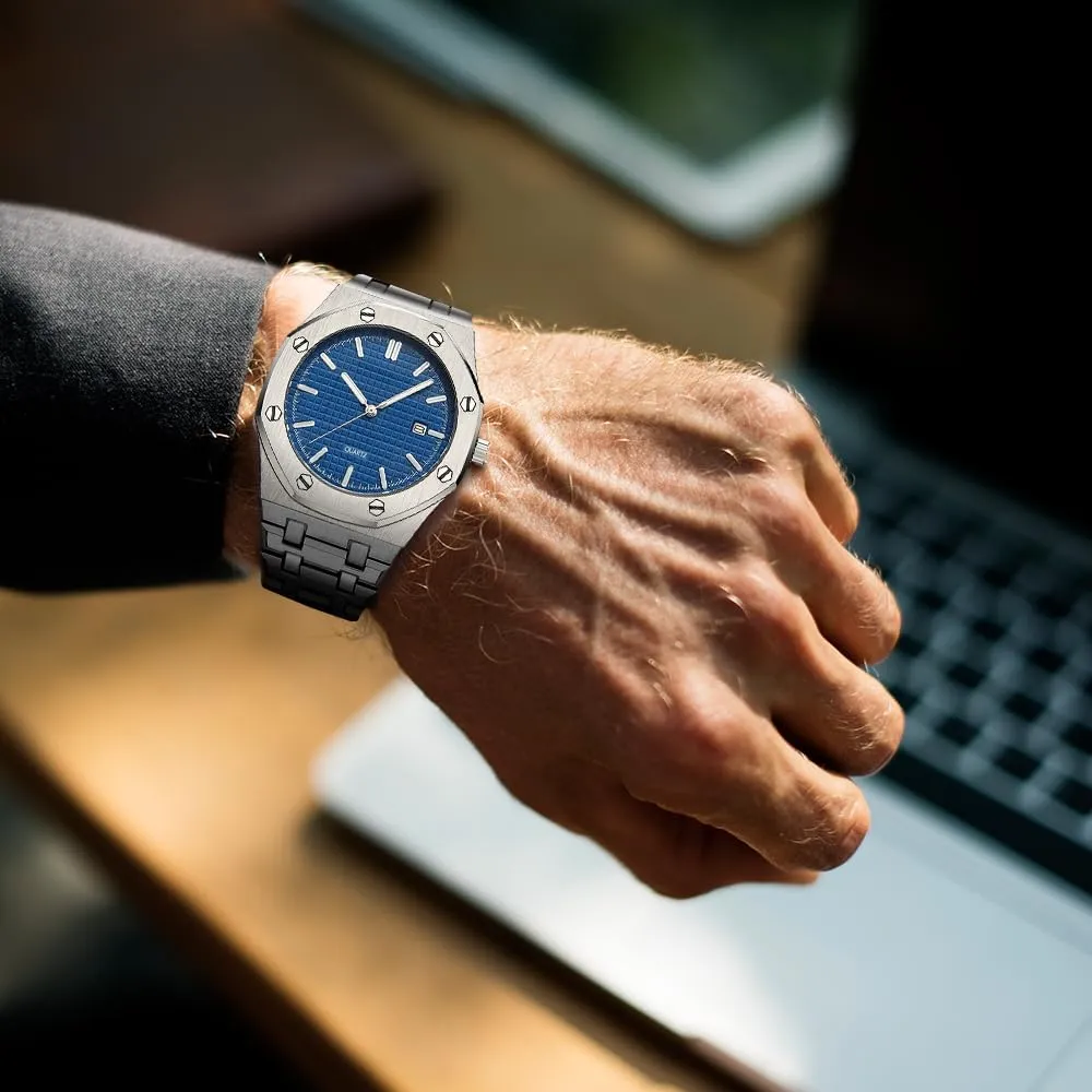 for Men dolphin BARAMON Men's Watches, Royalty Stainless Steel Quartz Movement Date Male Clock Waterproof Luminous Hands Casual Business Wrist Watches 