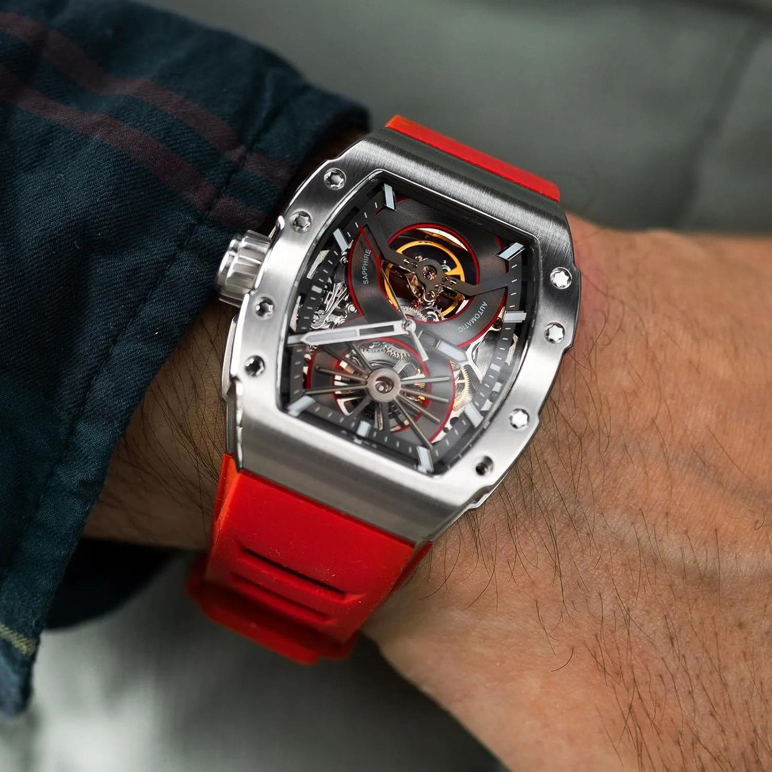 for Men Men's Automatic Mechanical Watch, Design Reef Tonneau Luxury Skeleton Watches for Men,Stainless Steel moraine hope leader haunt burgeon scrub 30 Meter Waterproof with Silicone Strap Wristwatch Accessories Gift 