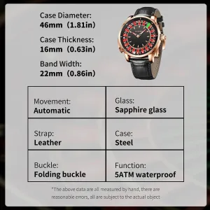 for Men, NH35A Movement Design Button familiarization proficient Control, Sapphire Glass Automatically 50M Waterproof Mens Unique American Style Roulette, Mechanical Watch for Game Night 1.8 Inches Roulette Wheel Automatic Watches 