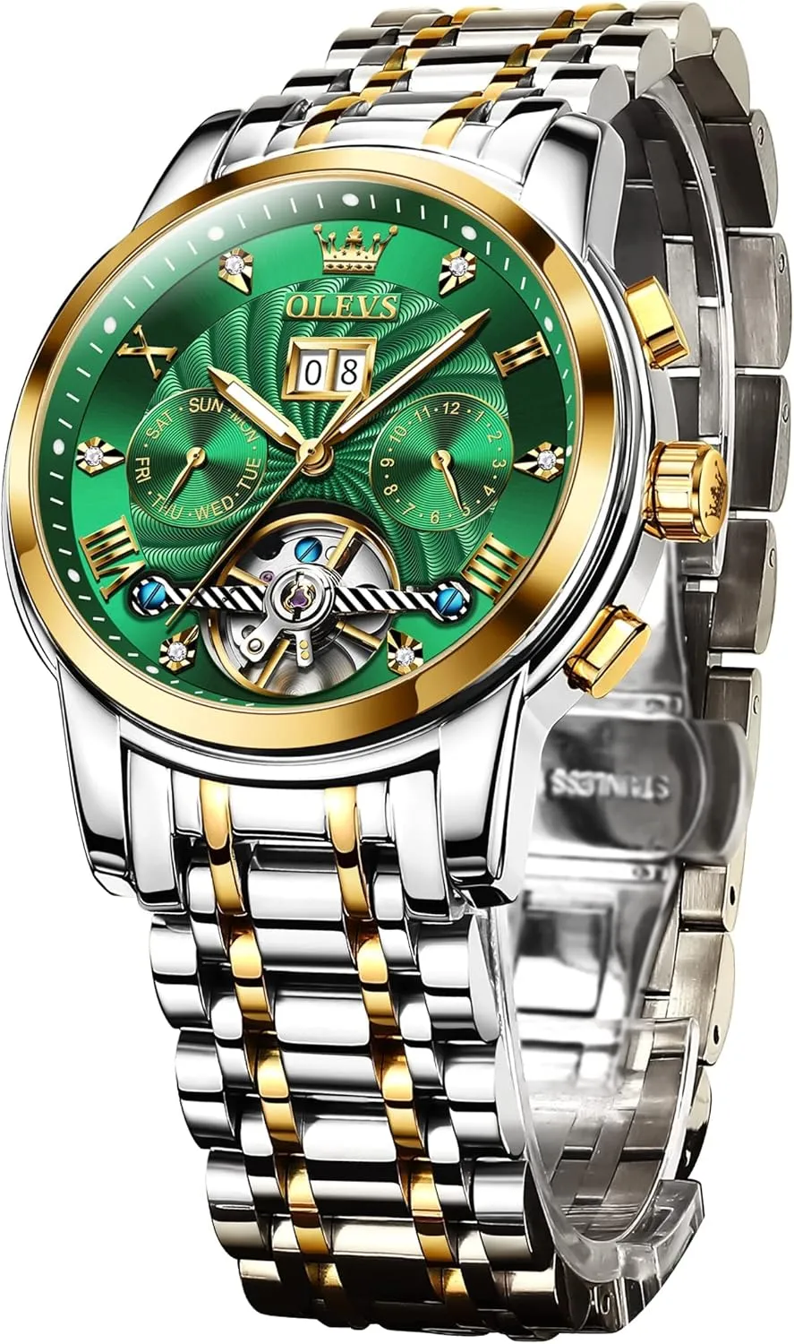 for Men OLEVS Men's Automatic Mechanical Watches Luxury Dress myriad Waterproof Self Winding Moon Phase Chronograph Stainless Steel Luminous Date Tourbillon Wristwatch 