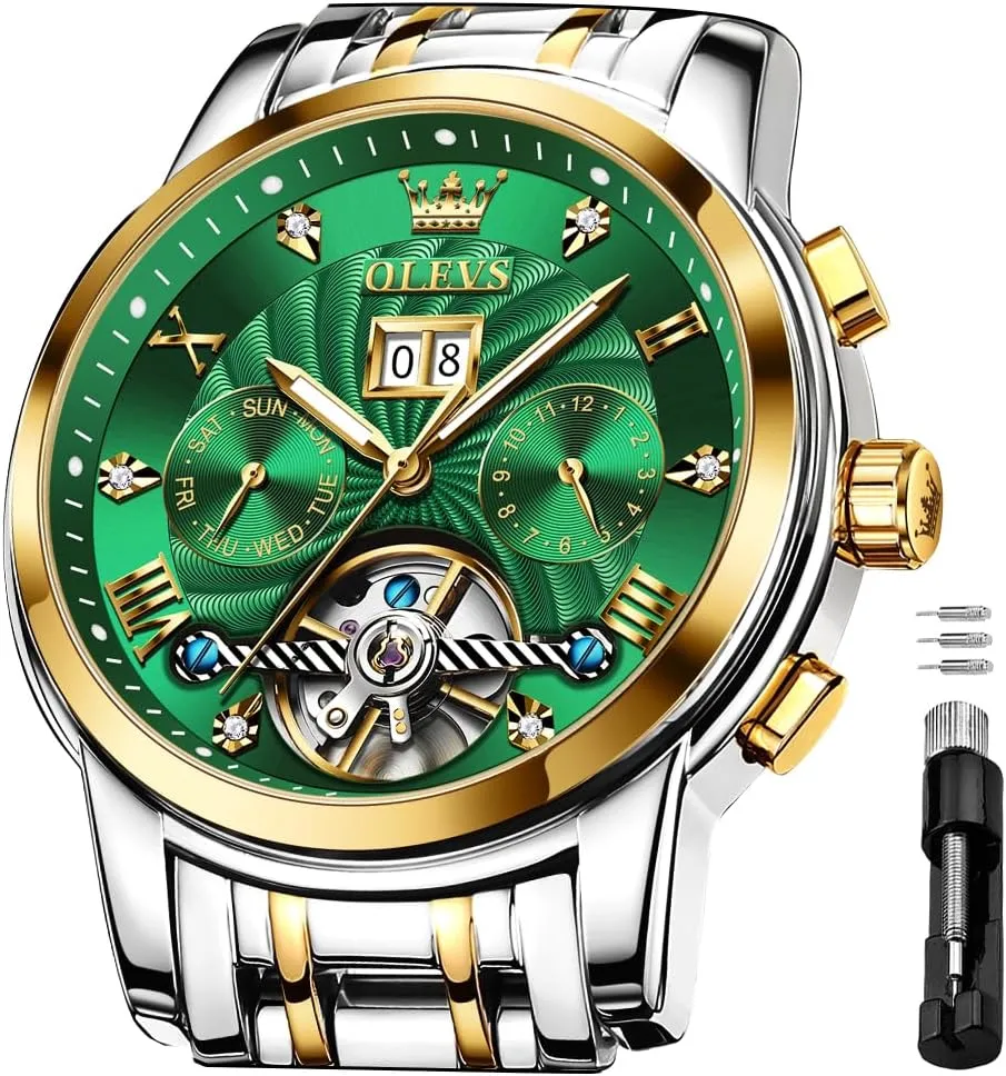for Men OLEVS Men's Automatic Mechanical Watches Luxury Dress myriad Waterproof Self Winding Moon Phase Chronograph Stainless Steel Luminous Date Tourbillon Wristwatch 