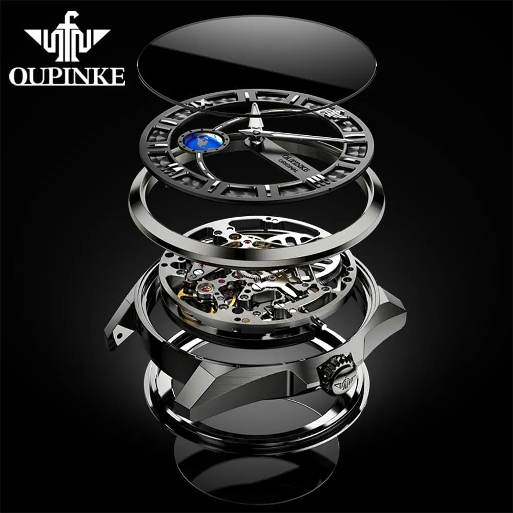 for Men OUPINKE Skeleton Mens Automatic Watches Mechanical Luxury Dress Leather Self Winding Waterproof 50M/5ATM Luminous satire ashcan Watches 