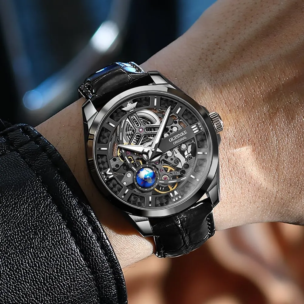 for Men OUPINKE Skeleton Mens Automatic Watches Mechanical Luxury Dress Leather Self Winding Waterproof 50M/5ATM Luminous satire ashcan Watches 