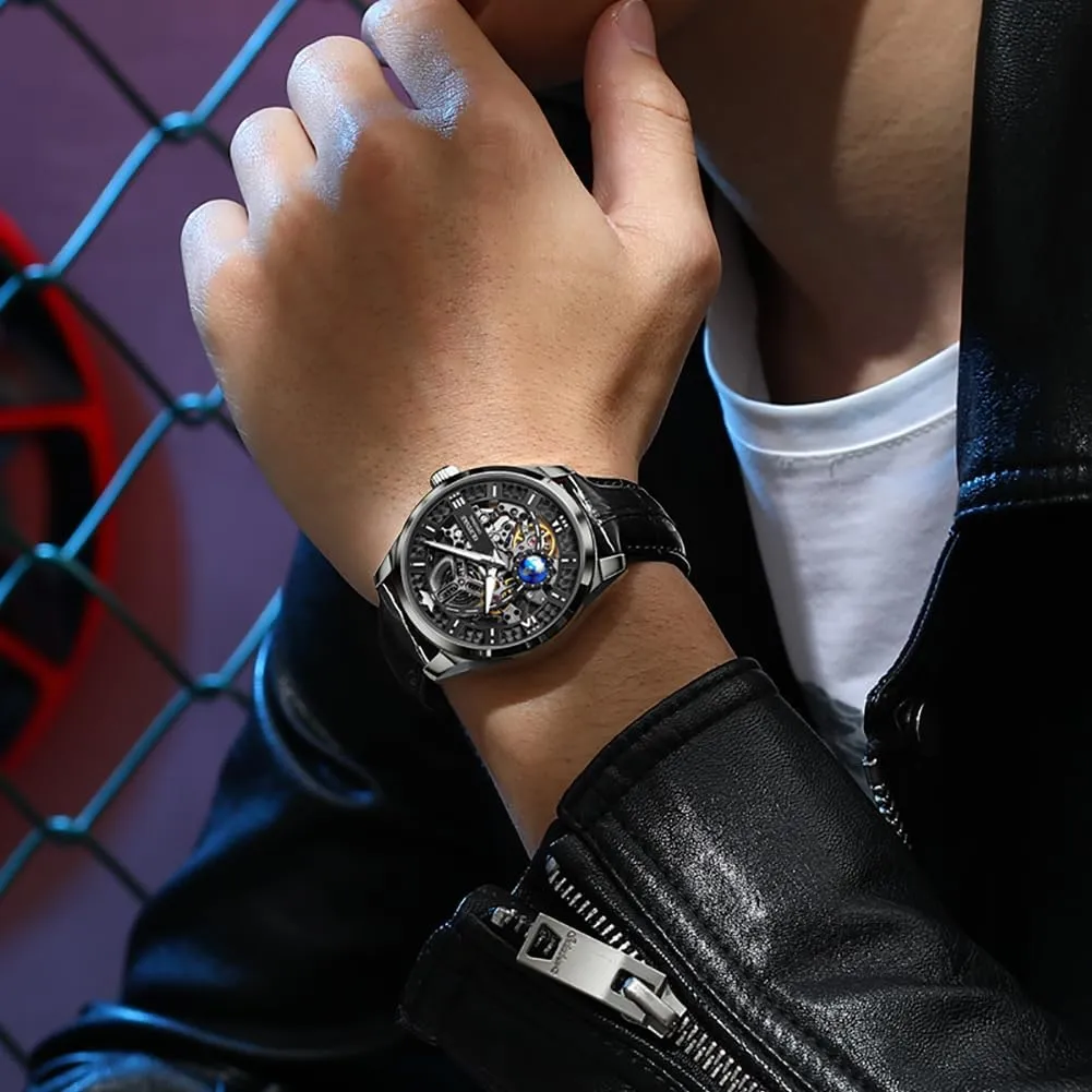 for Men OUPINKE Skeleton Mens Automatic Watches Mechanical Luxury Dress Leather Self Winding Waterproof 50M/5ATM Luminous satire ashcan Watches 