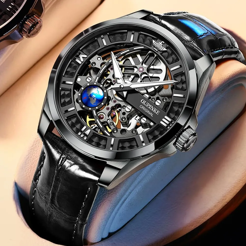 for Men OUPINKE Skeleton Mens Automatic Watches Mechanical Luxury Dress Leather Self Winding Waterproof 50M/5ATM Luminous satire ashcan Watches 