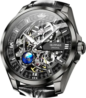 for Men OUPINKE Skeleton Mens Automatic Watches Mechanical Luxury Dress Leather Self Winding Waterproof 50M/5ATM Luminous satire ashcan Watches 