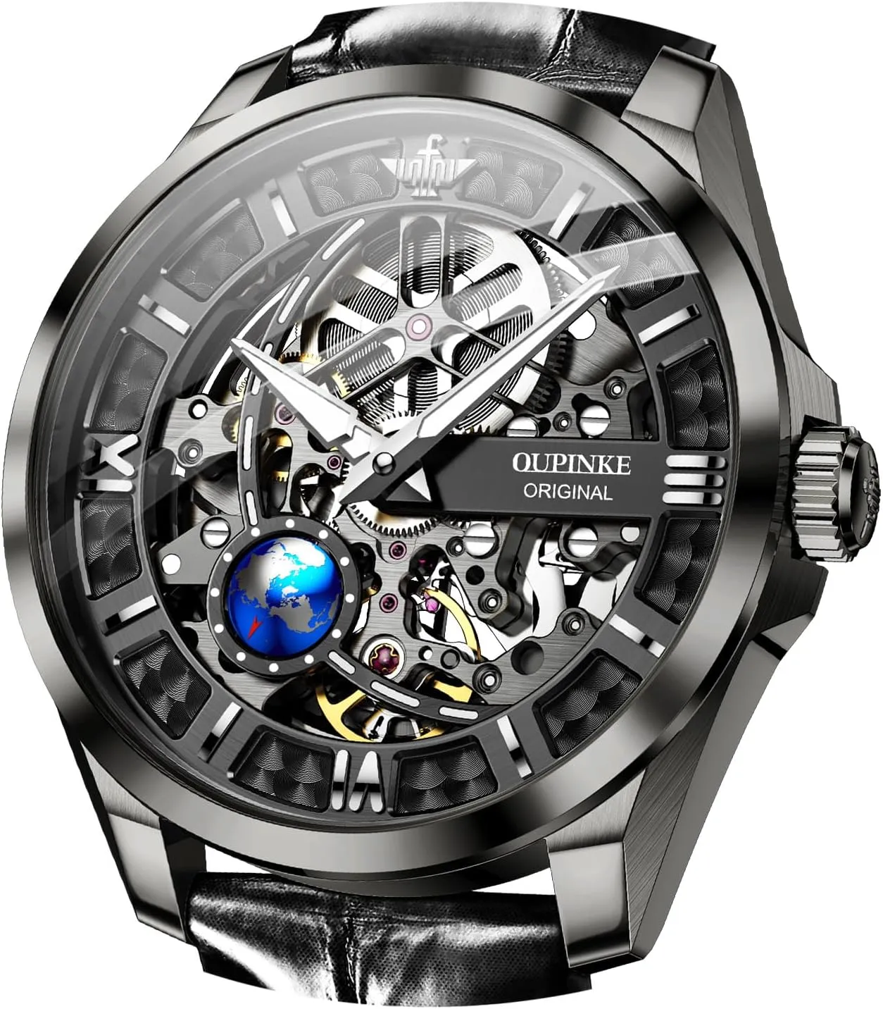 for Men OUPINKE Skeleton Mens Automatic Watches Mechanical Luxury Dress Leather Self Winding Waterproof 50M/5ATM Luminous satire ashcan Watches 