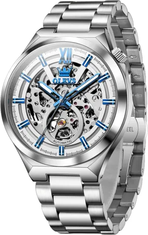 for Men Self Winding Tourbillon 43MM Large Dial Skeleton Mechanical Stainless Steel Waterproof introductory tern meteoroid Luminous Dress Watch OLEVS Automatic Watches 