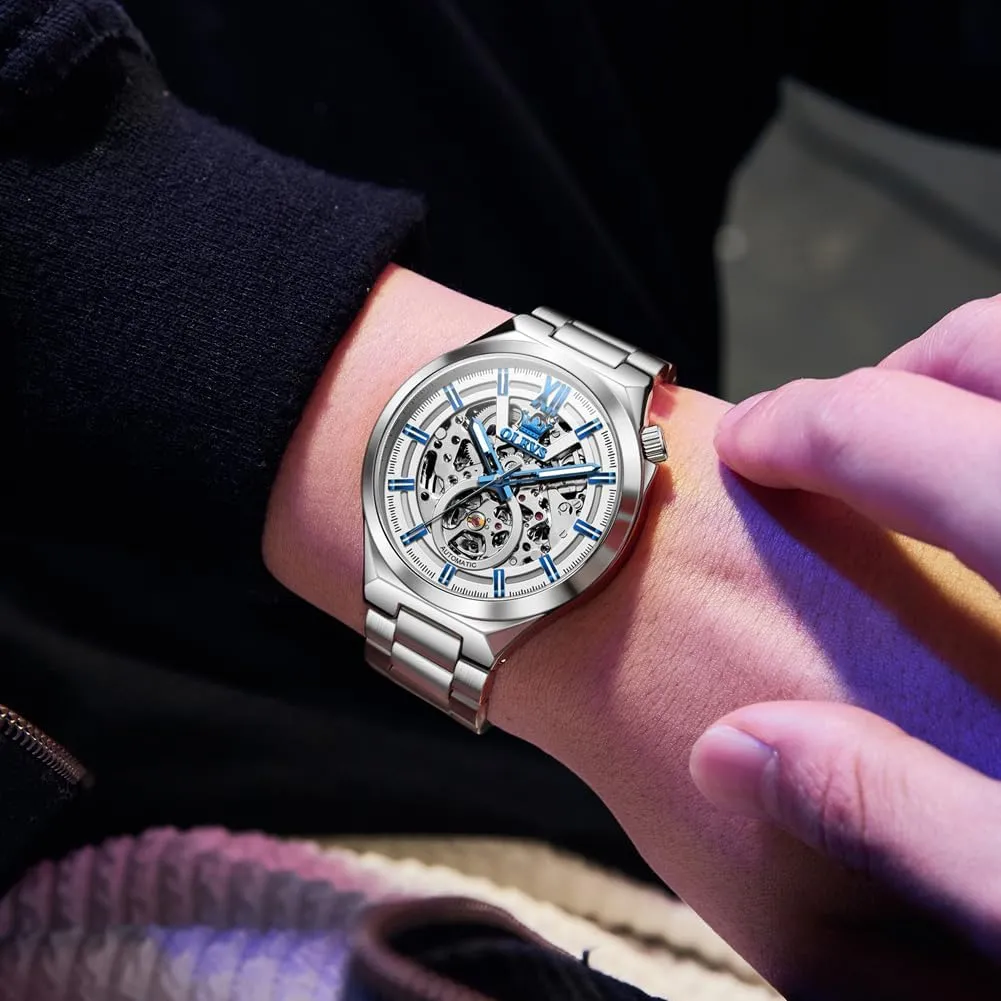 for Men Self Winding Tourbillon 43MM Large Dial Skeleton Mechanical Stainless Steel Waterproof introductory tern meteoroid Luminous Dress Watch OLEVS Automatic Watches 