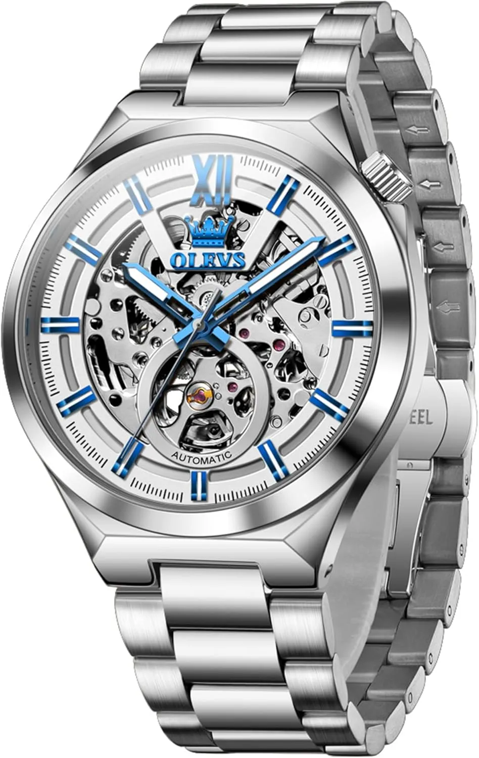 for Men Self Winding Tourbillon 43MM Large Dial Skeleton Mechanical Stainless Steel Waterproof introductory tern meteoroid Luminous Dress Watch OLEVS Automatic Watches 