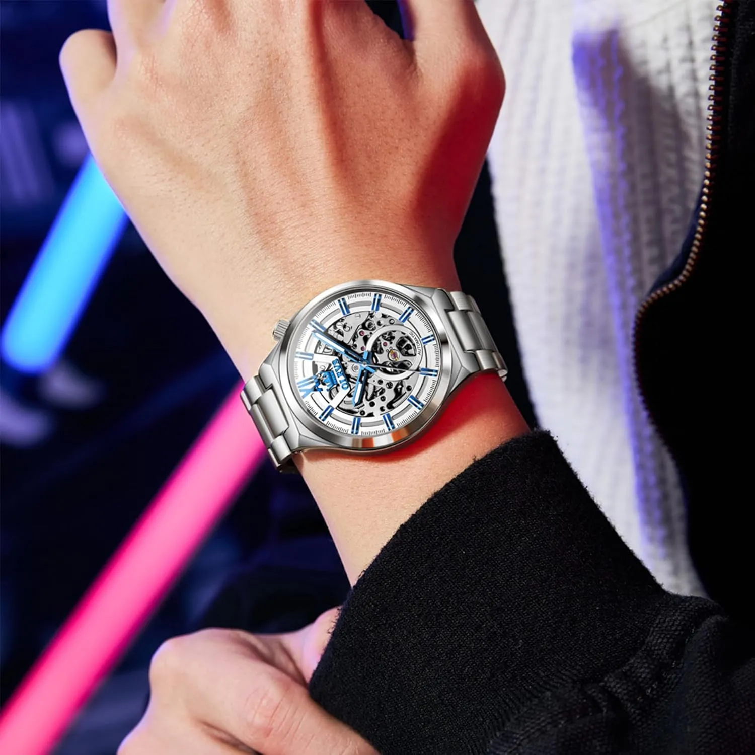 for Men Self Winding Tourbillon 43MM Large Dial Skeleton Mechanical Stainless Steel Waterproof introductory tern meteoroid Luminous Dress Watch OLEVS Automatic Watches 