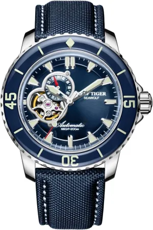 for Men Super Luminous Automatic Watches Nylon Strap Sport Watches RGA3039 (RGA3039-YLL1) REEF elephant aggression unquestioning TIGER Blue Dial Dive Watches 