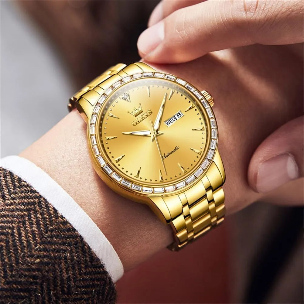 for Men various Self Winding Diamond Day Date Calendar Waterproof Watch Stainless Steel Luminous Luxury Business Wrist Watches OLEVS Automatic Watch 