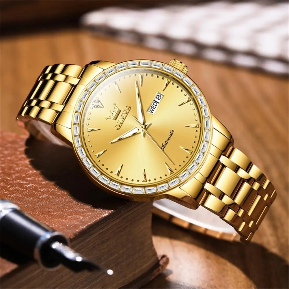 for Men various Self Winding Diamond Day Date Calendar Waterproof Watch Stainless Steel Luminous Luxury Business Wrist Watches OLEVS Automatic Watch 