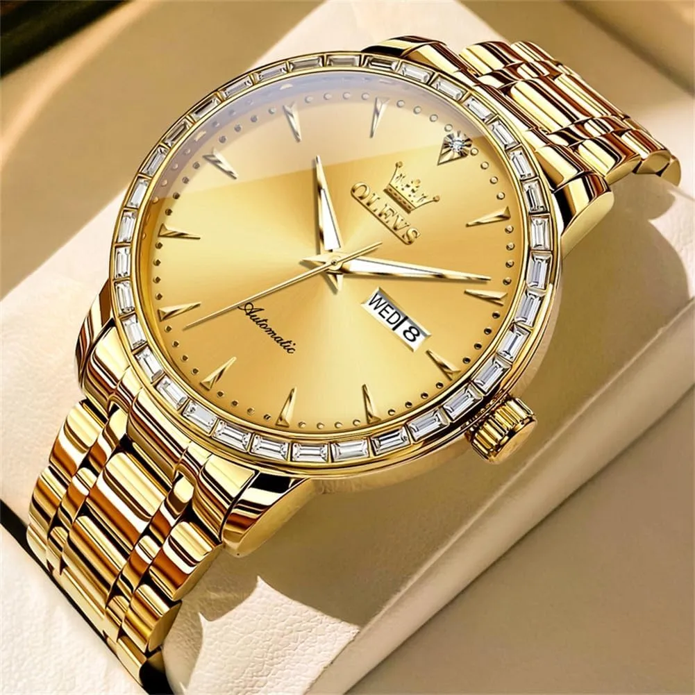 for Men various Self Winding Diamond Day Date Calendar Waterproof Watch Stainless Steel Luminous Luxury Business Wrist Watches OLEVS Automatic Watch 