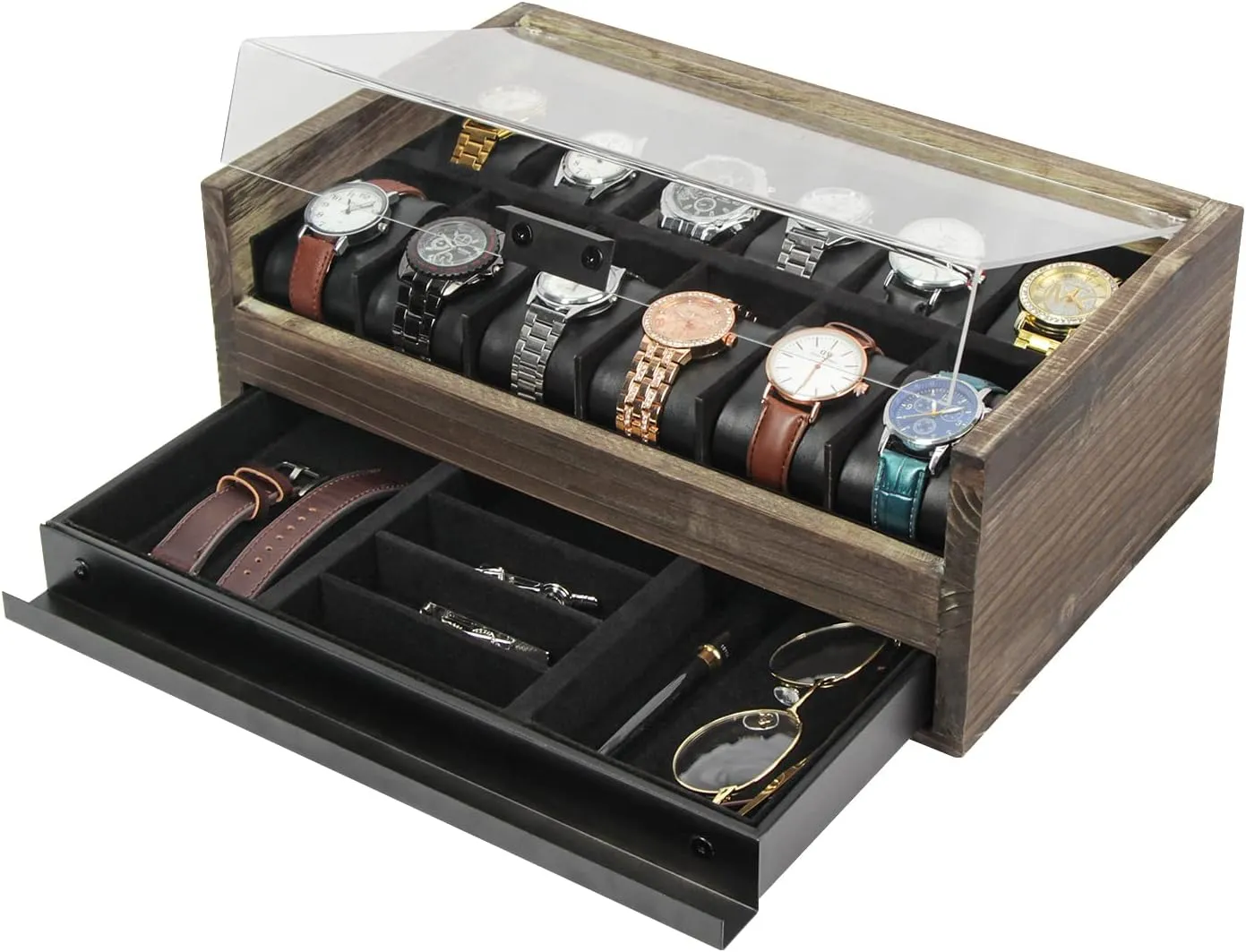 for Men with Acrylic Top, Metal Hinge - MK605A J JACKCUBE DESIGN Rustic Wood Watch Box with 12 Compartment Slot Watch Display Organizer and Jewelry Storage Drawer rook clue Holder 